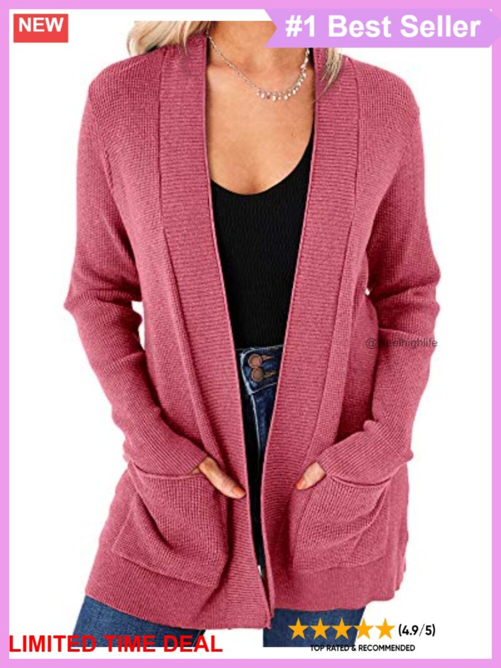 Womens Open Front Cardigan Long Sleeve Knit Sweater with Pockets